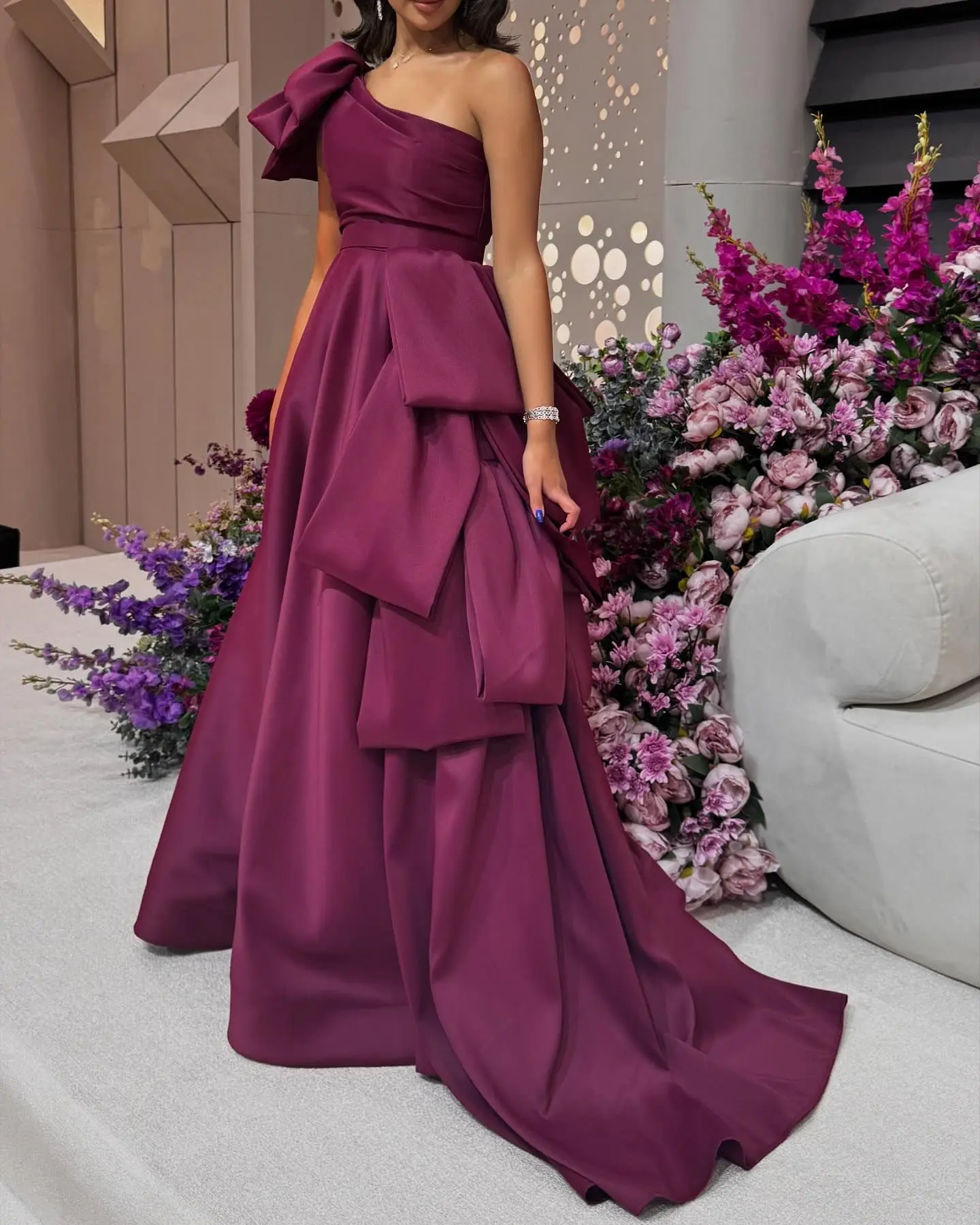 Cathy Red Bow Slanted Shoulders Satin Wedding Dresses A-line Sleeveless Floor-Length vestidos de noche Form Formal Evening 2024