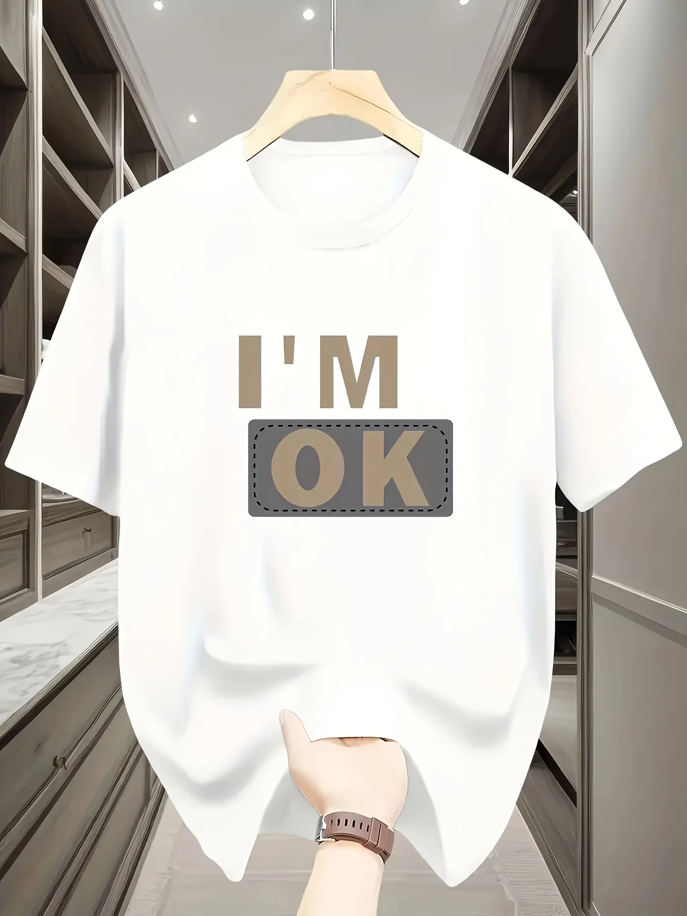 Camiseta gráfica casual para hombre - Estampado "I'M OK", 100% poliéster, cuello redondo, camiseta liviana de verano para atuendo casual