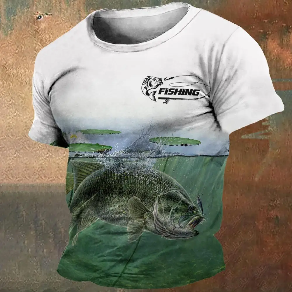 Camiseta para hombre con estampado 3D de pesca, Tops deportivos, moda Retro, jersey de manga corta de gran tamaño para hombre, camiseta de cuello redondo de verano para hombre