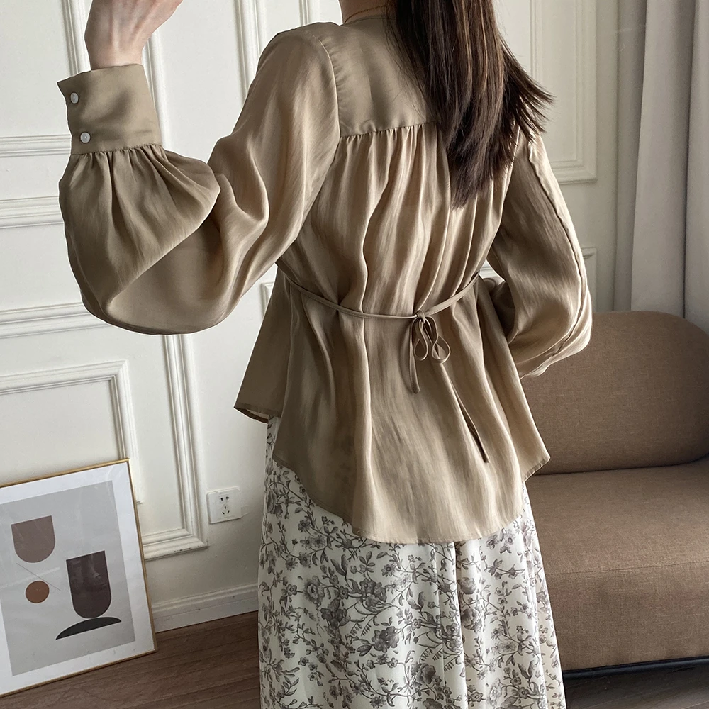 Summer Rayon Women V-Neck Tops Hot Selling Long Sleeves Simplicity Solid Waistband High Street Chic Comfortable Shirts Blouses