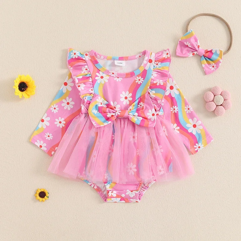 0-18M Spring Autumn Newborn Baby Girls Rompers Clothes Floral Print Ruffles Long Sleeve Bowknot Tulle Jumpsuits Headband Outfits