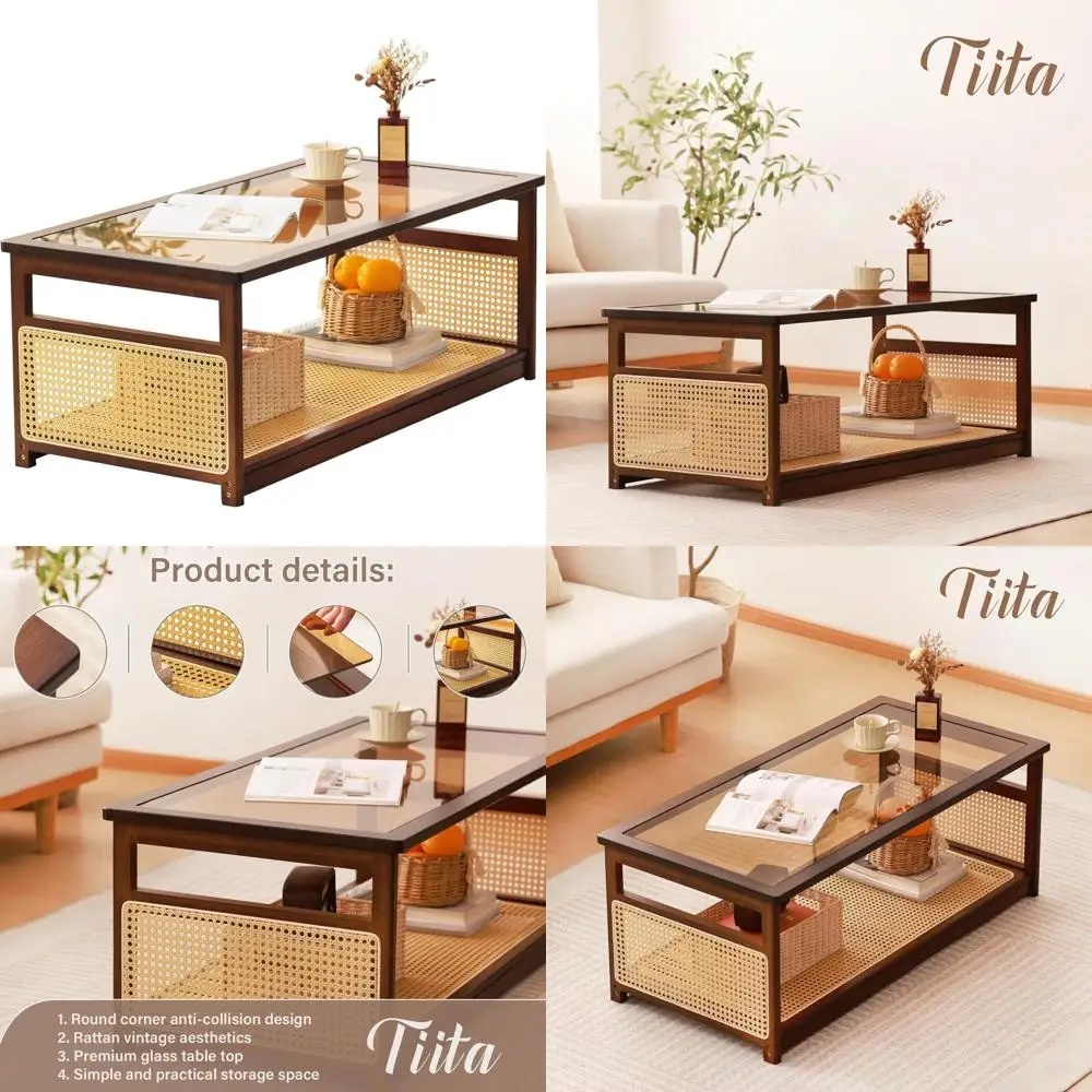 

Mid-Century 2-Tier Rattan Glass Coffee Table for Living Spaces in Brown