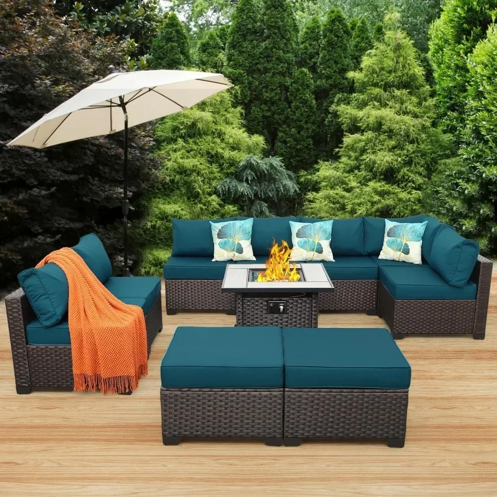 

XMSJ Garden Furniture 10 Piece Set, PE Wicker Sofa Sets with 45"Gas Fire Pit Table and Non-Slip 5"Thick Cushion, Garden Fur