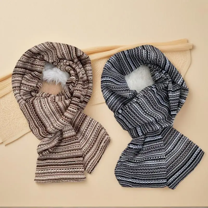 Syal Rajut Vintage Motif Garis-garis Aneka Warna, Penghangat Leher Musim Gugur Musim Dingin, Syal Bulu Halus Pria Wanita, Syal Dua Sisi Trendi, Hiasan Hadiah