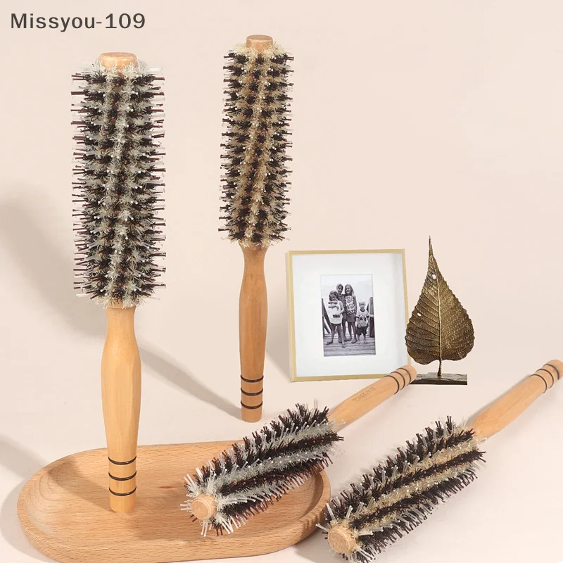Natural Boar Bristle Wood Roller Brush For Women, Round Barrel Comb For Curly Hair And Hairdressing