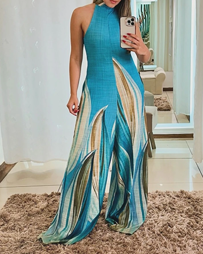 Women's Bodysuit 2025 Spring Summer Latest Tribal Print High Neck Sleeveless Jumpsuit Casual A Line Wide Legal Flared Romper