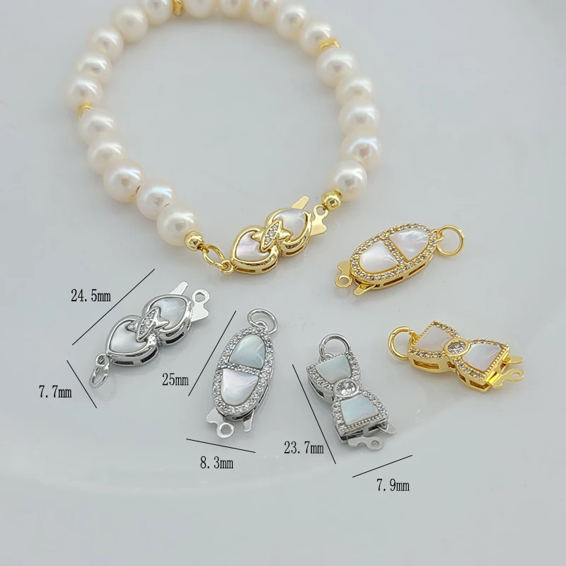 1 Piece of Gold-plated Copper Inlaid Zircon Shell Bow Tie Heart Single Row Clasp DIY Pearl Bracelet Necklace End Connector