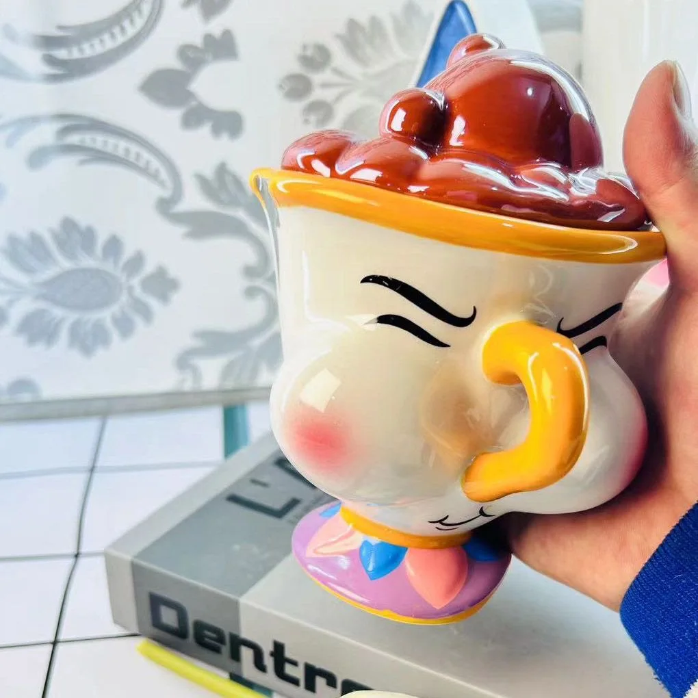 Beauty And The Beast Mug Creative 3D Cartoon Chip Ceramic Cup Large Capacity Kawaii Chip Tea Coffee Mug With Lid Decor