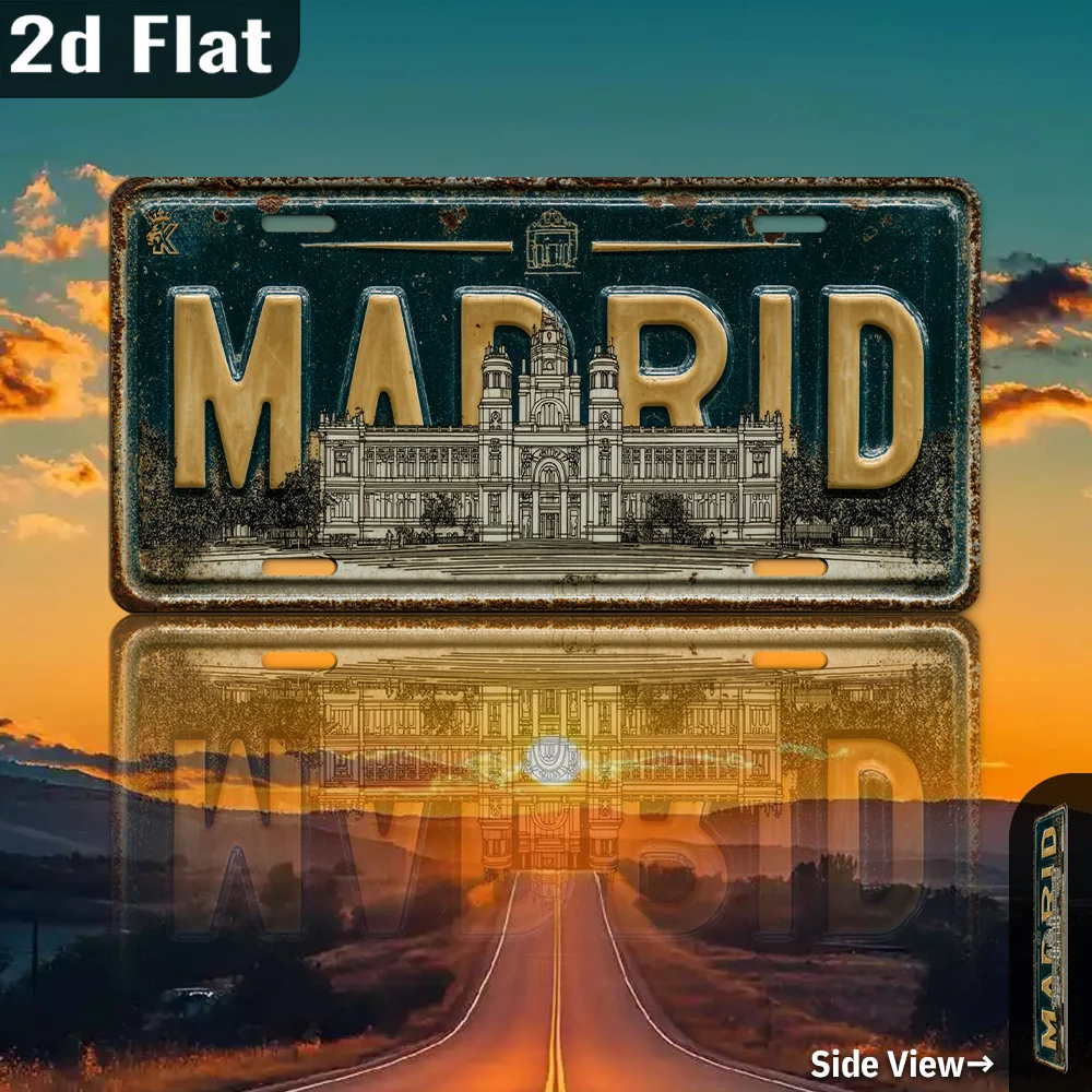 2D Flat, 1pc Madrid Spain Metal Vintage Aluminum License Plate Wall Art - 30.23cm x 15.24cm Retro Outdoor/Indoor Decor for Garag
