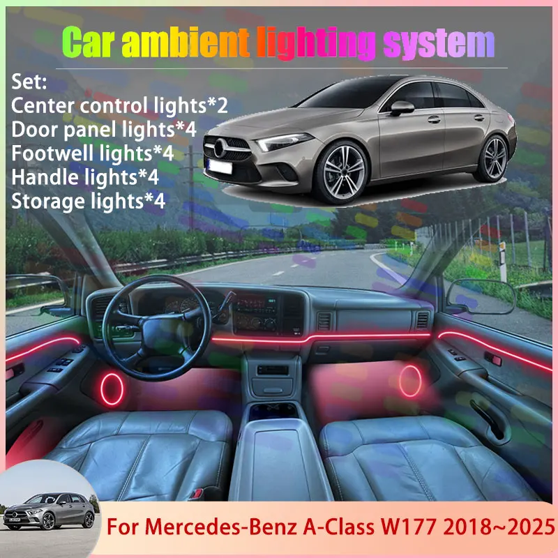 

Для Mercedes-Benz A-Class W177 V177 MK4 2018 ~ 2025 2/18 в 1, автомобильная атмосферная лампа, RGB абажур, ансамбль, стример, атмосферный набор