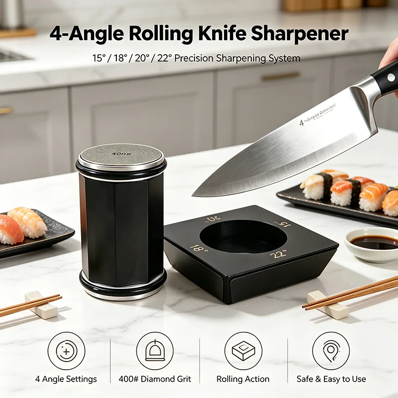 New Professional Octagonal Roller Knife Sharpener 4-Angle 15/18/20/22° Diamond Grinder Wooden Base With Magnet Kitchen Sets Tool