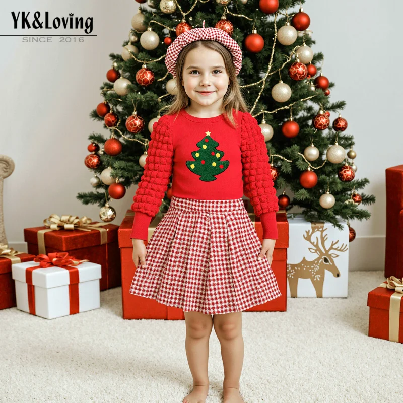 

2025Christmas Autumn and Winter Girls' Suit Fashionable Bubble Long SleevesTShirt Pleated Skirt Hat3Set