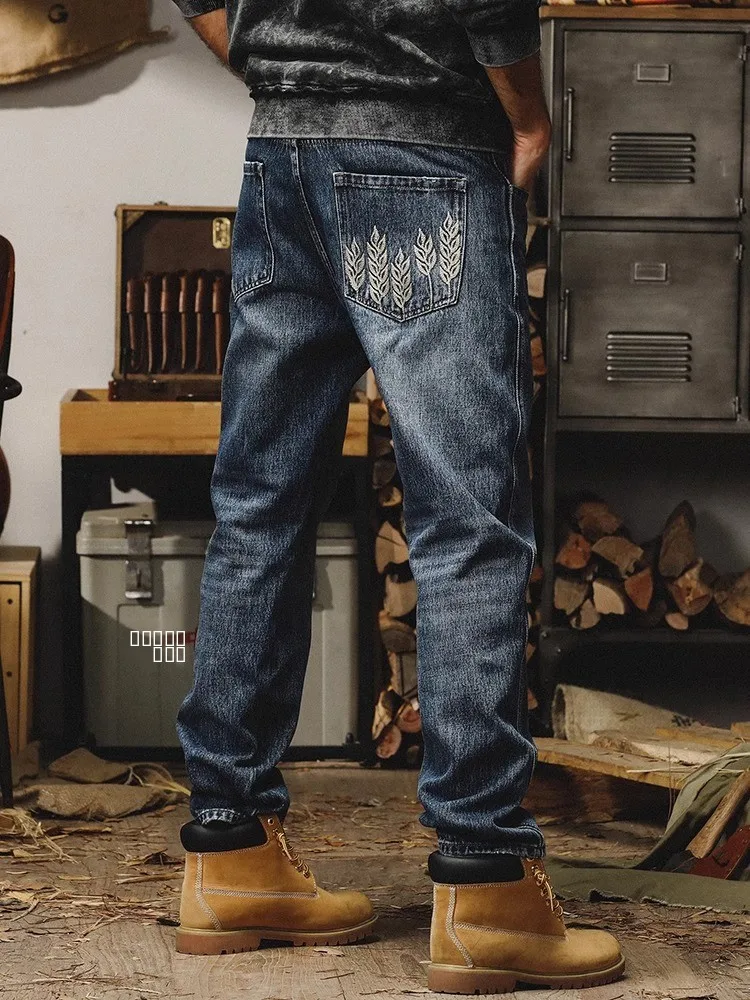 

Heavyweight 300 Pou Waed American Sle Men's Straight Leg Loose Fit Spring Autumn Embroidered Casual Long Jeans