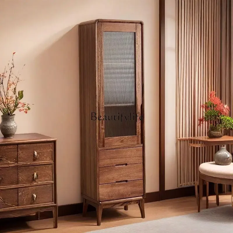 

02 All solid wood black walnut three-dimensional side cabinet Nordic modern simple single door bookcase