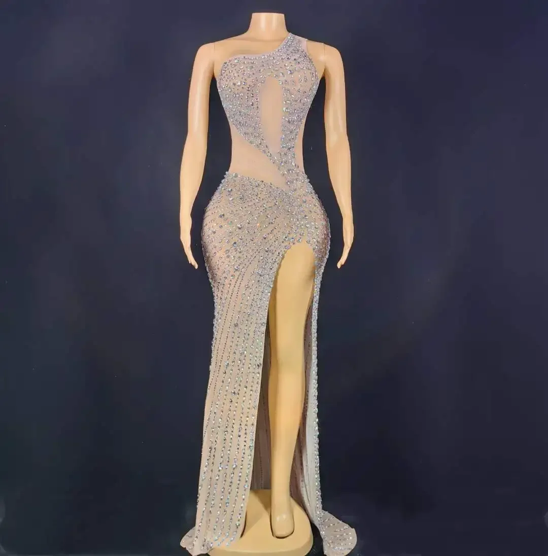 Sheer Mesh Silver Rhinestone Long Dress For Women Vegas Showgirl Crystal Birthday Party Singer Performance Drag Queen Costume
