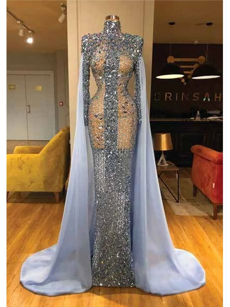 Sparkly Prom Dresses For Women High Neck With Long Satin Sleeves Train Sequined Evening Gown Custom Made Formal Vestidos De Gal