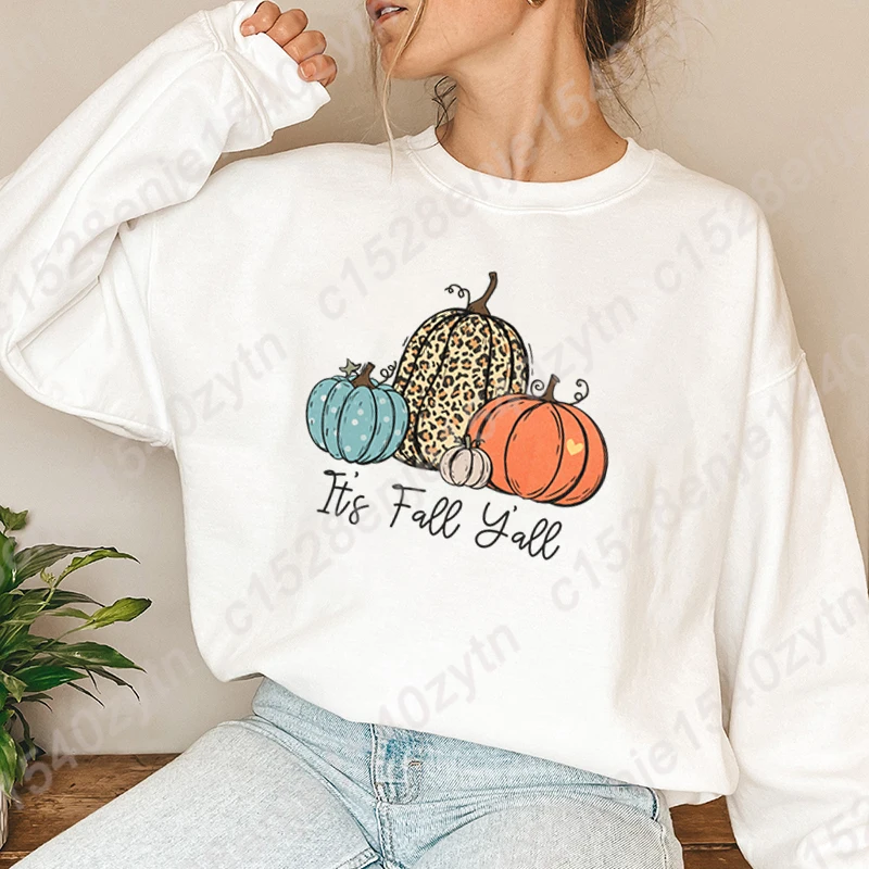 Leopard Pumpkin It's Fall Y'all Print Women Pullovers Autumn Winter Fashion Long Sleeve Sweatshirt Plus Size Hoodless Sweatshirt