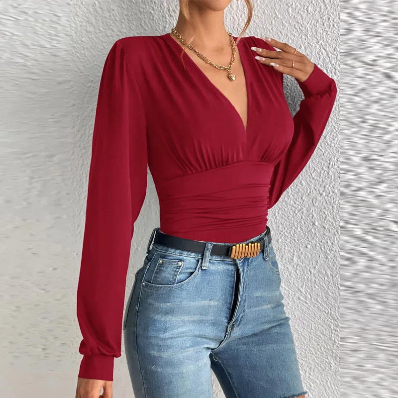 Sexy tiefe V-Ausschnitt Langarm feste Tops und Blusen Frauen Herbst schlanke elegante Streetwear Top Femme Bluse für Frauen