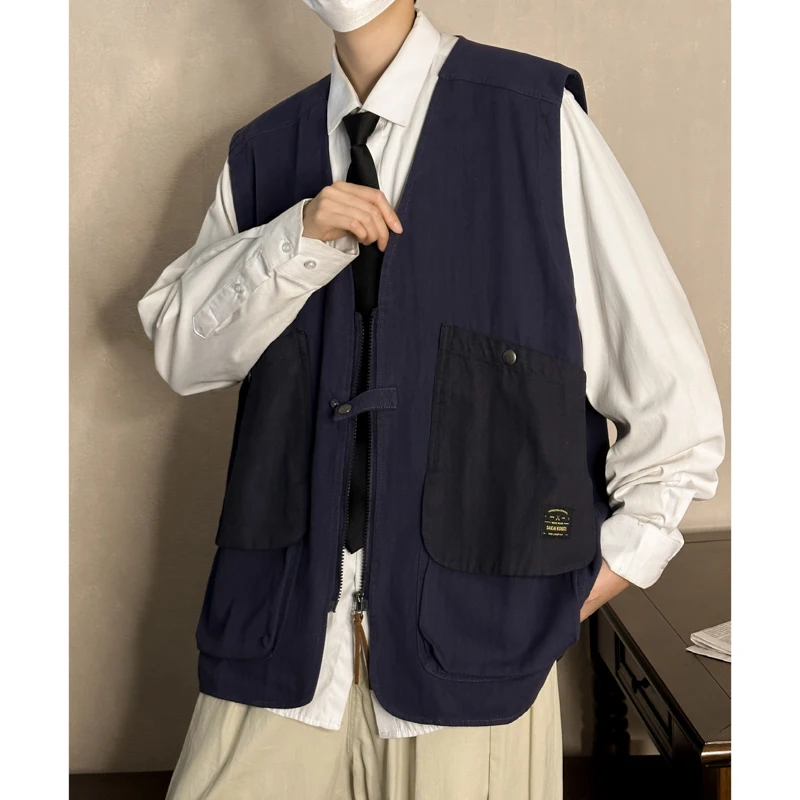 

Retro V-Ne Svel Patchwork Workwear Vest for Men Spring Autumn Trendy Brand Casual Loose Fit Single Button Closure