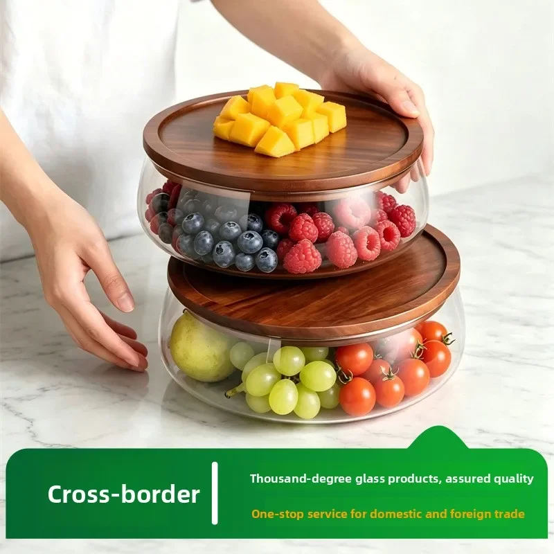 Multi-purpose glass fruit tray wooden cover tray, household snack storage jar, nut and melon seed storage box fruit basket