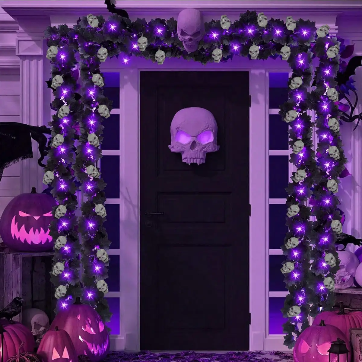 

1 шт. 20 светодиодов Хэллоуин ужасная атмосфера осень черный клен листья виноградная лоза свет с 6 черепами на батарейках висит DIY декоративные