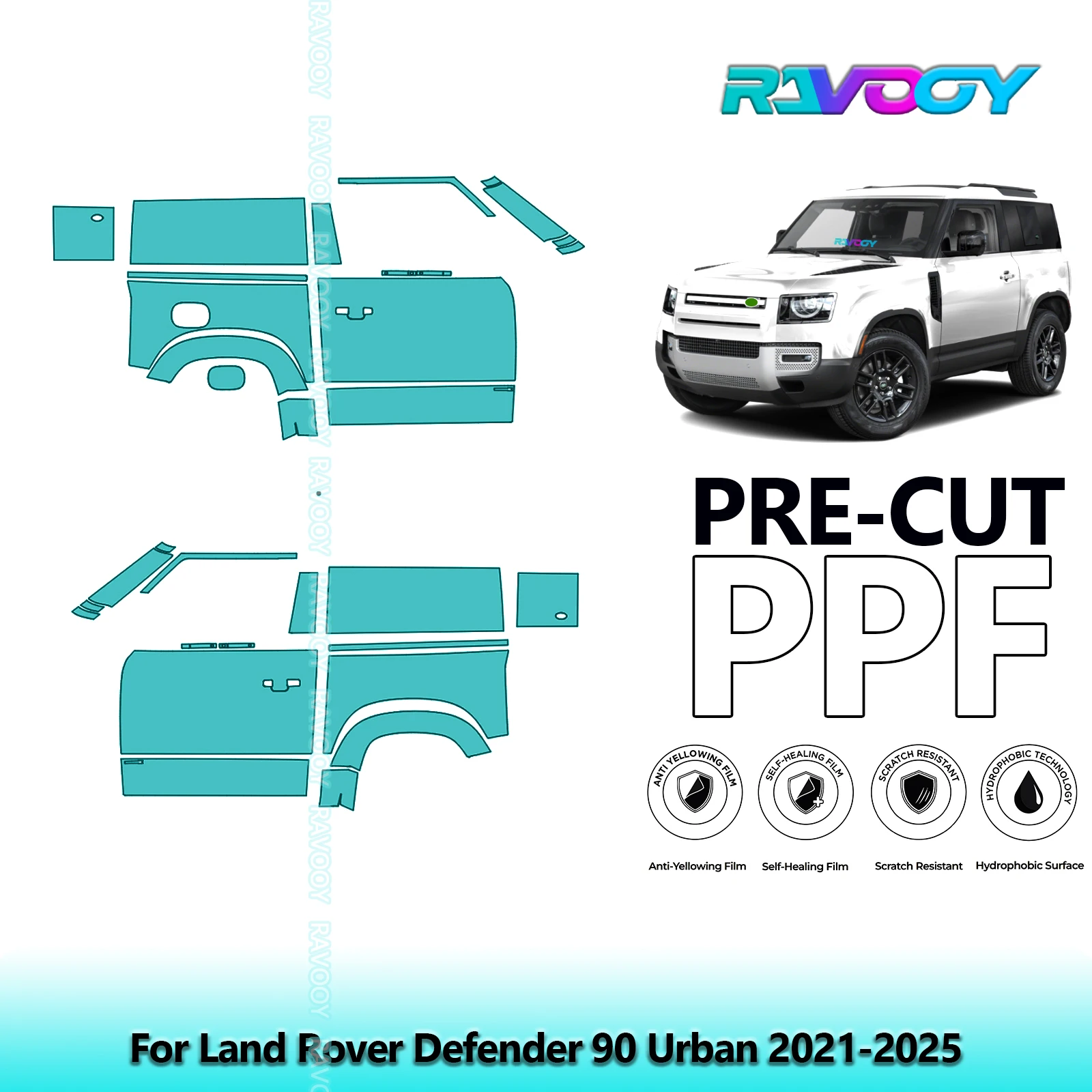 

For Land Rover Defender 90 Urban 2021-2025 8.5mil Clear Matte Pre-Cut PPF Door & A/B Pillar Kit TPU Paint Protection Film Set