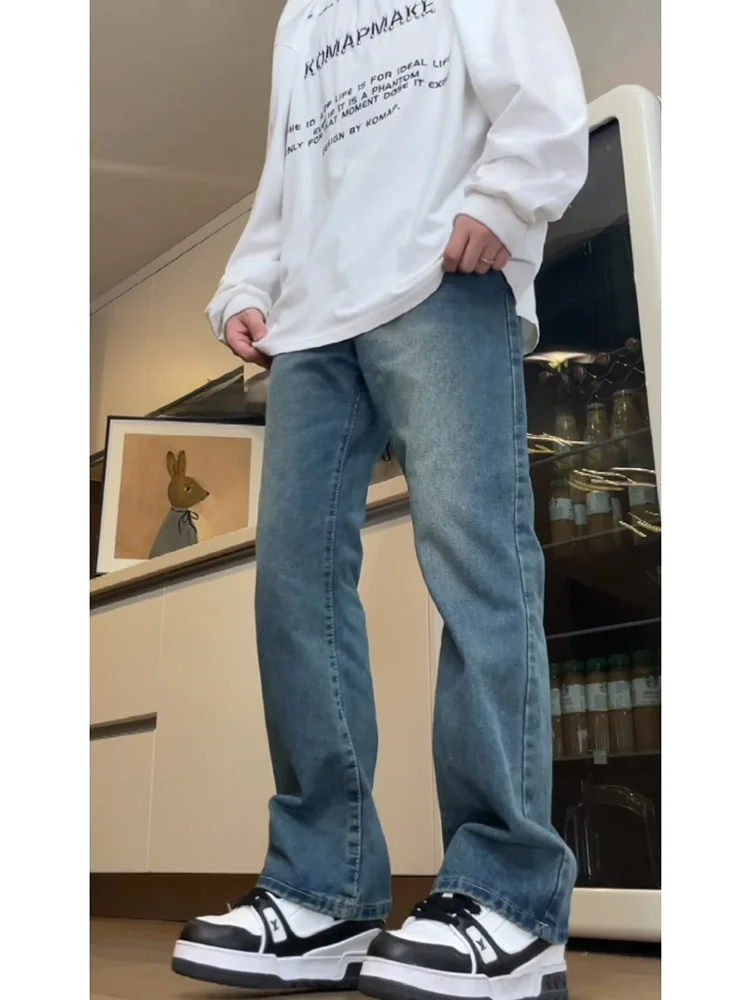 

Мужские джинсы с эластичным поясом и прямыми штанинами, модные повседневные джинсовые брюки для высоких мужчин, утягивающие, в стиле High Street