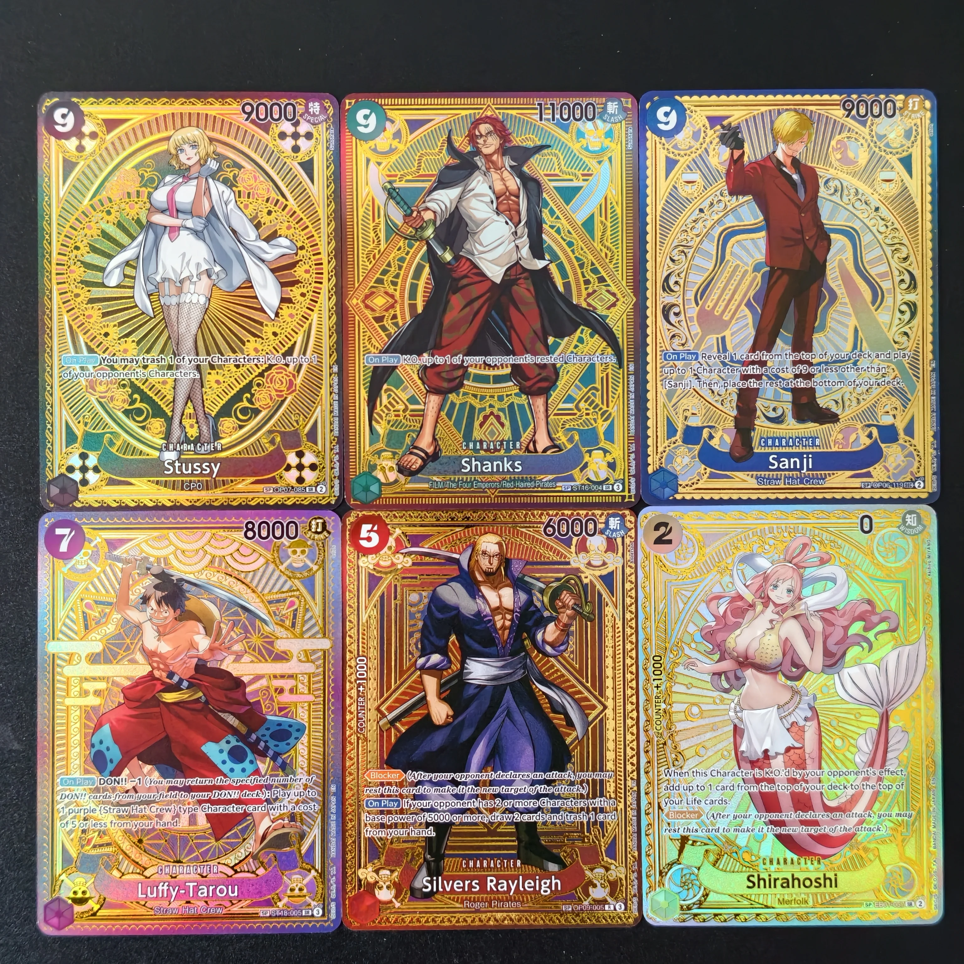 6Pcs Hot Proxy ONE PIECE Stussy Shanks Sanji Luffy‑Tarou Rayleigh Shirahoshi Gold Foil Holographic Flash Collectible Cards