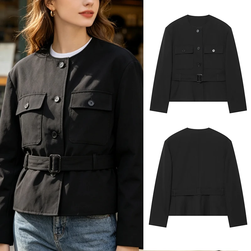 Women's Round Neck Multi-Functional Short Jacket  Single-Breasted, Long Sleeve Black Casual Commuter Coat  Autumn Commuter Jack