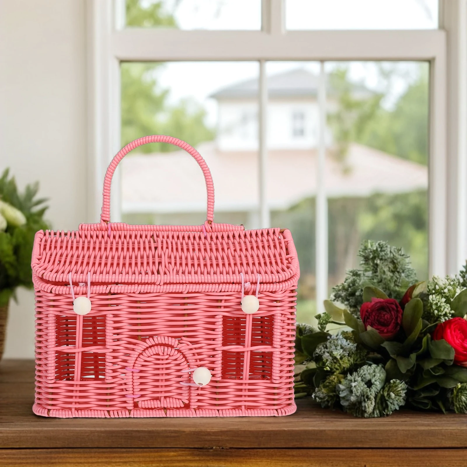 

Vintage Style Woven Picnic With Lid Handle Small Storage Box Lightweight Decorative Bread Basket For Wedding Camping Home Use