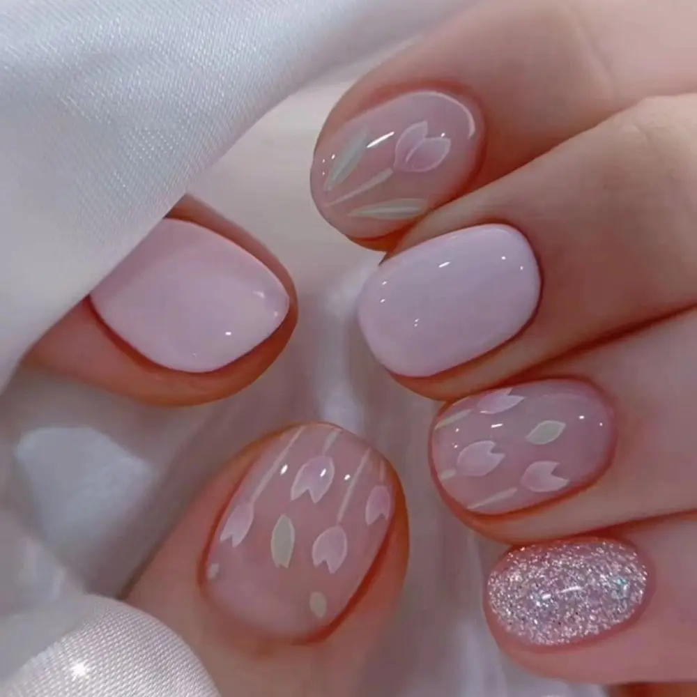 New Long Ballerina and Square False Nails French Love Heart Tulip Nail Tips Light Green Gradient Full Cover Press on Nails DIY