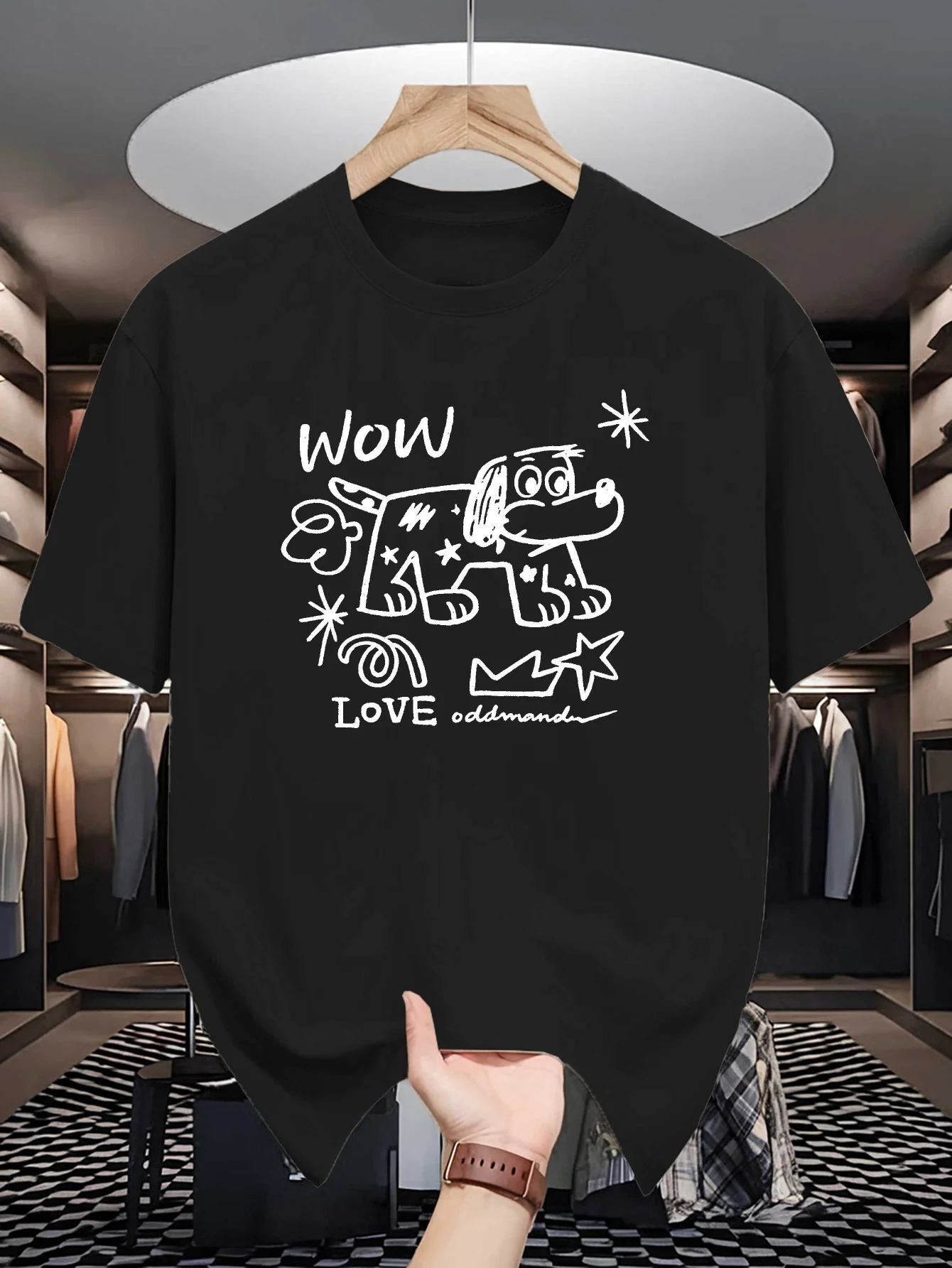 Cute Doodle Wow Love Dog Graphic Mens Crew Neck T Shirt Hand Drawn Puppy Star Print Soft Loose Street Tee For Youth Art Fans