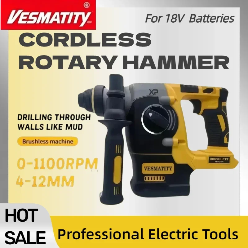 Brushless Cordless Rotary Hammer 2.1J Impact Energy 360° Handle For Concrete Brick Stone Drilling With 6.0Ah Battery