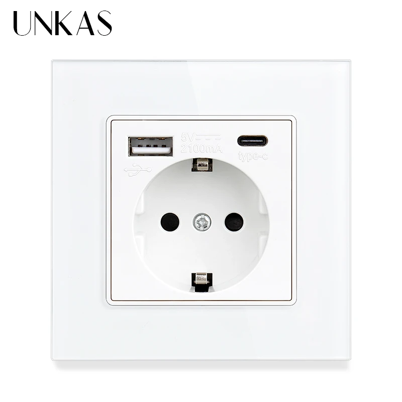 UNKAS White EU Socket Type C USB Port + TV RJ11 Telephone RJ45 Internet Computer Jack 146mm * 86mm Tempered Glass Panel Outl