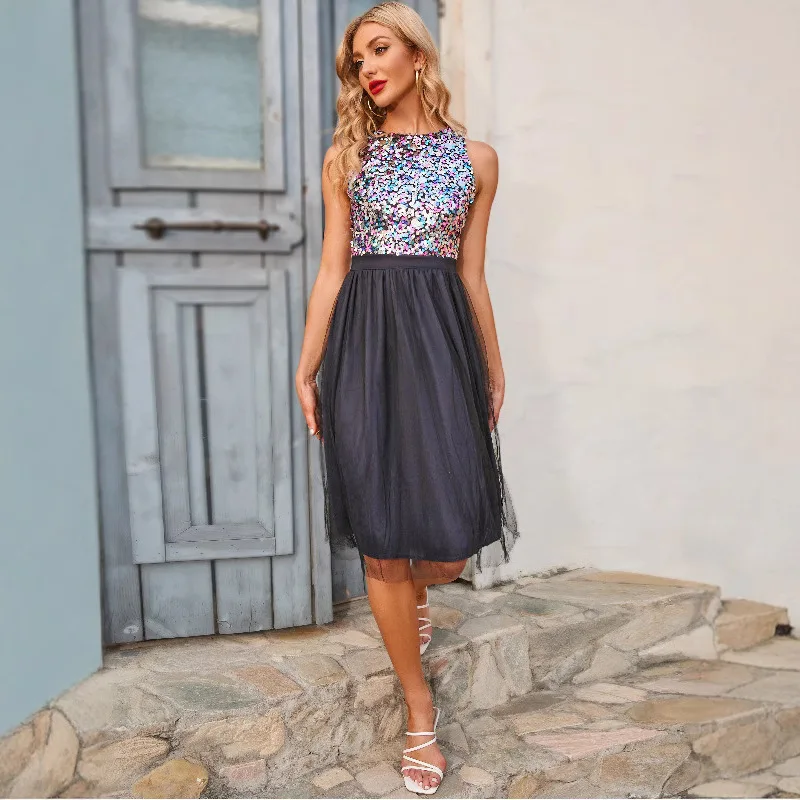 

Elegant Sequined Lace Sleeveless Short Skirt for Summer New Women's Clothing Sleeveless Summer Dress Robe Vestido Women Party