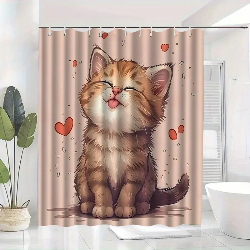 かわいい子猫のシャワーカーテン、ハートのある漫画の猫、甘いアニマルプリント、ピンクの背景、防水バスルーム装飾