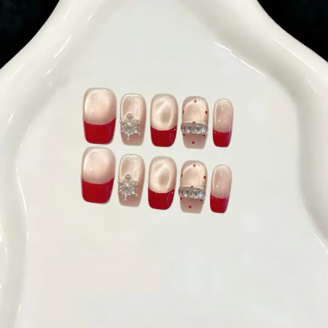 10pcs Handmade Fake Nails Short Ballet Press On Nails Champagne Flash Drill False Nails Korean-style Simple Design