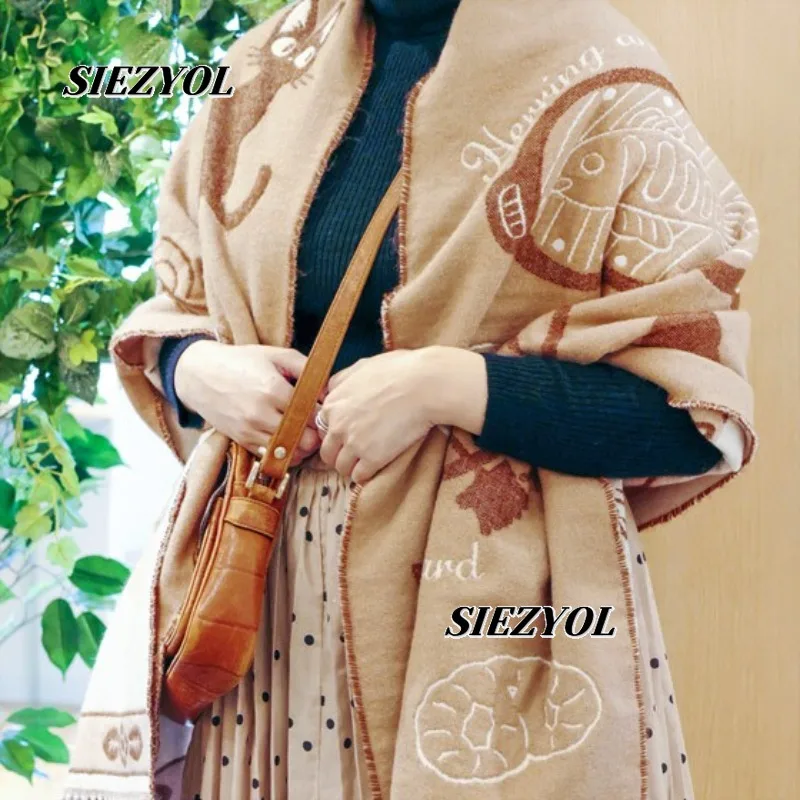Fashion Scarf Shawl for Women Winter Warm Sweet Cute Girl Thickened Japanese Versatile Cartoon Printed Scarves with Buttons