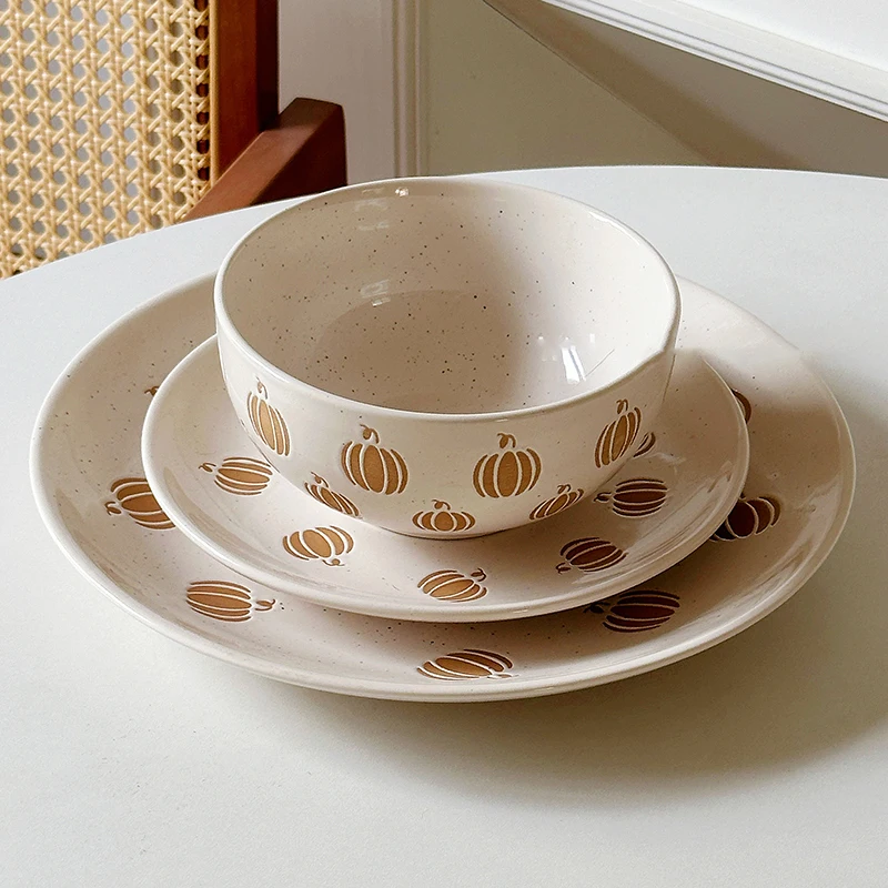 Creative Pumpkin Relief Ceramic Tableware Rice Soup Bowl Exquisite Snack Pastry Disc Household Round Breakfast Plates
