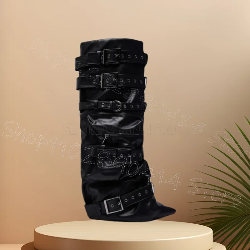 

Black Belt Fastener Thick Bottom Boots Slip On Women Shoes Pointed Toe Sexy Fashion Party Feast Dating 2025 Zapatos Para Mujere