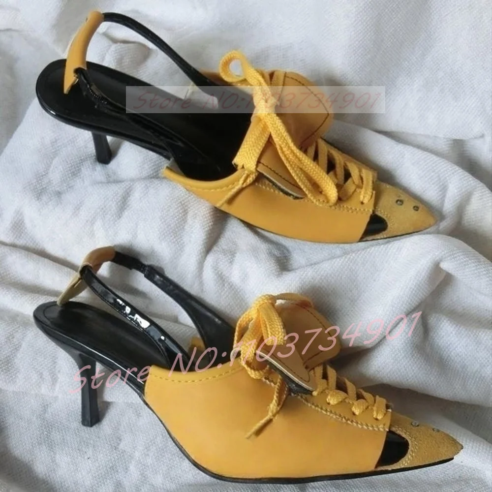 

Yellow Sling Back Sandals Female Lace-up High Heels Buckle Pointed Toe Shoes Women Big Size Street Style Patchworked Sneakers