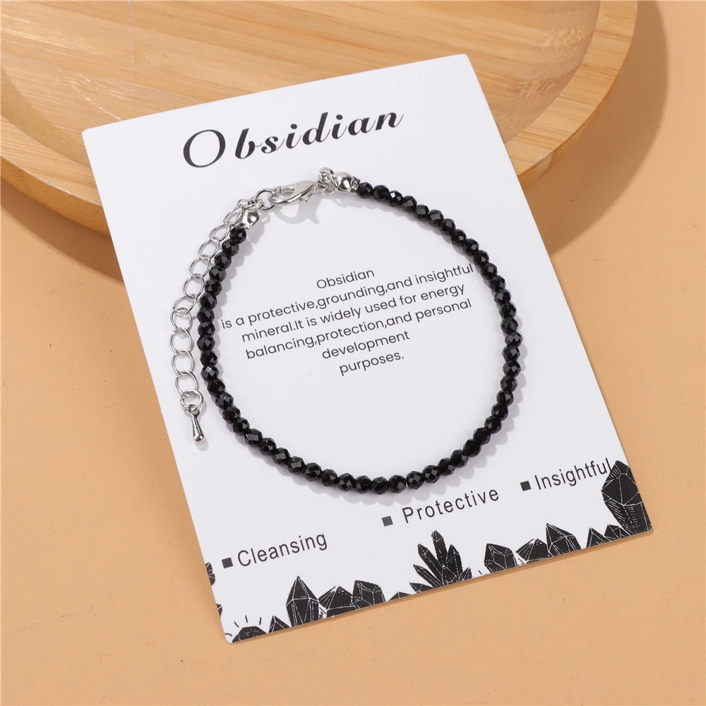 Natural Stone 3mm Faceted Beads Bracelet Obsidian Healing Energy Yoga Bracelet for Women Men Bracelet Adjustable Jewelry Gifts