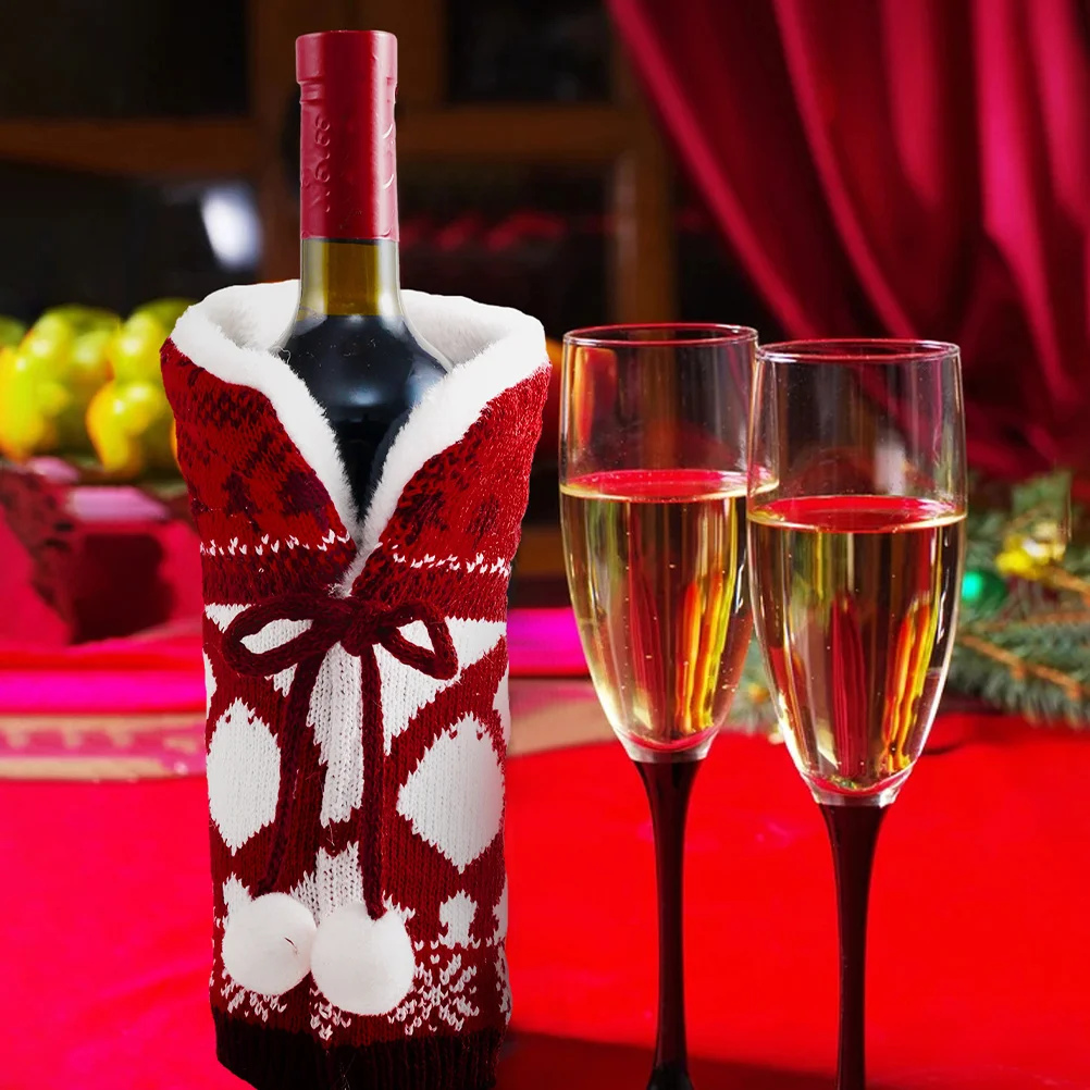 

2pcs Bottle Covers Knitted Christmas Decor Bottle Covers Festival Reusable Red Gray Home Kitchen Bar