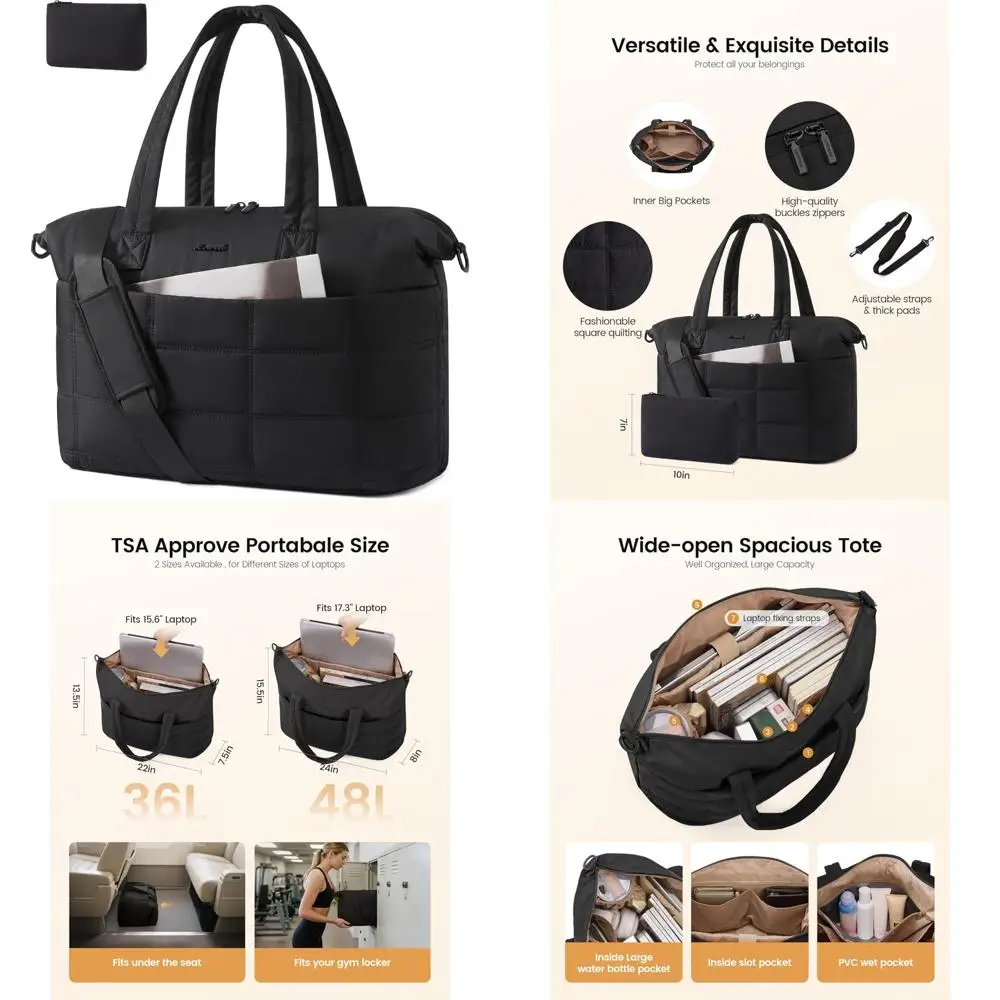 

Women's 36L Quilted Duffle Bag for Travel, Gym, and Overnight Trips with Wet Pocket, Water Resistant Weekender Tote Bag for Week