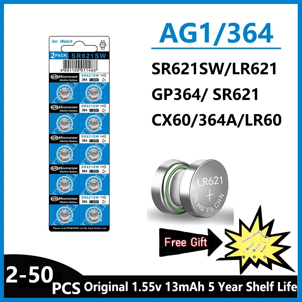 

Щелочная батарея AG1 LR621 364 V364 164 531 SR621 SR621SW SR60 CX60 1,55 в, для часов, автомобильных ключей, пультов дистанционного управления, игрушечных кнопок, монетница, 2-50 шт.