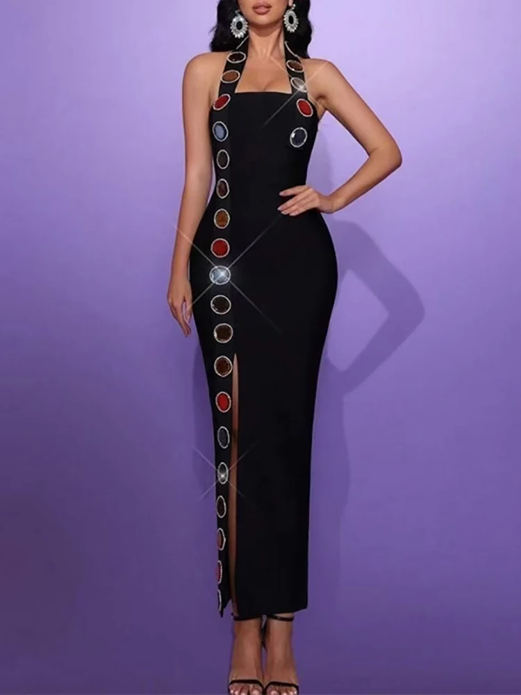 

Sexy Halter Neck Colorful Crtstal Bandage Dress Women Sleeveless Backless Rhinestons Bodycon Dresses Evening Party Gowns