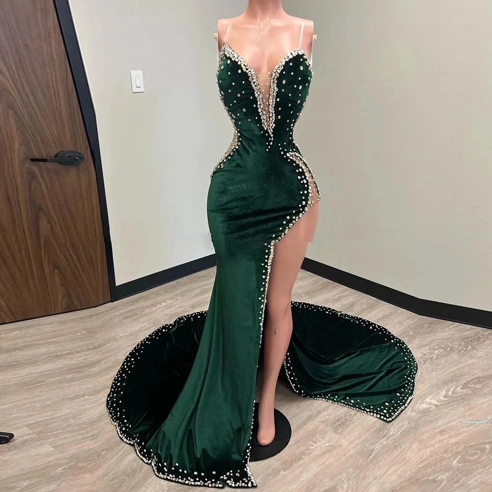 Sweetheart Dark Green Velvet Crystal Evening Dresses High Split Velour Beading Mermaid Formal Party Prom Gowns Vestido De Fiesta