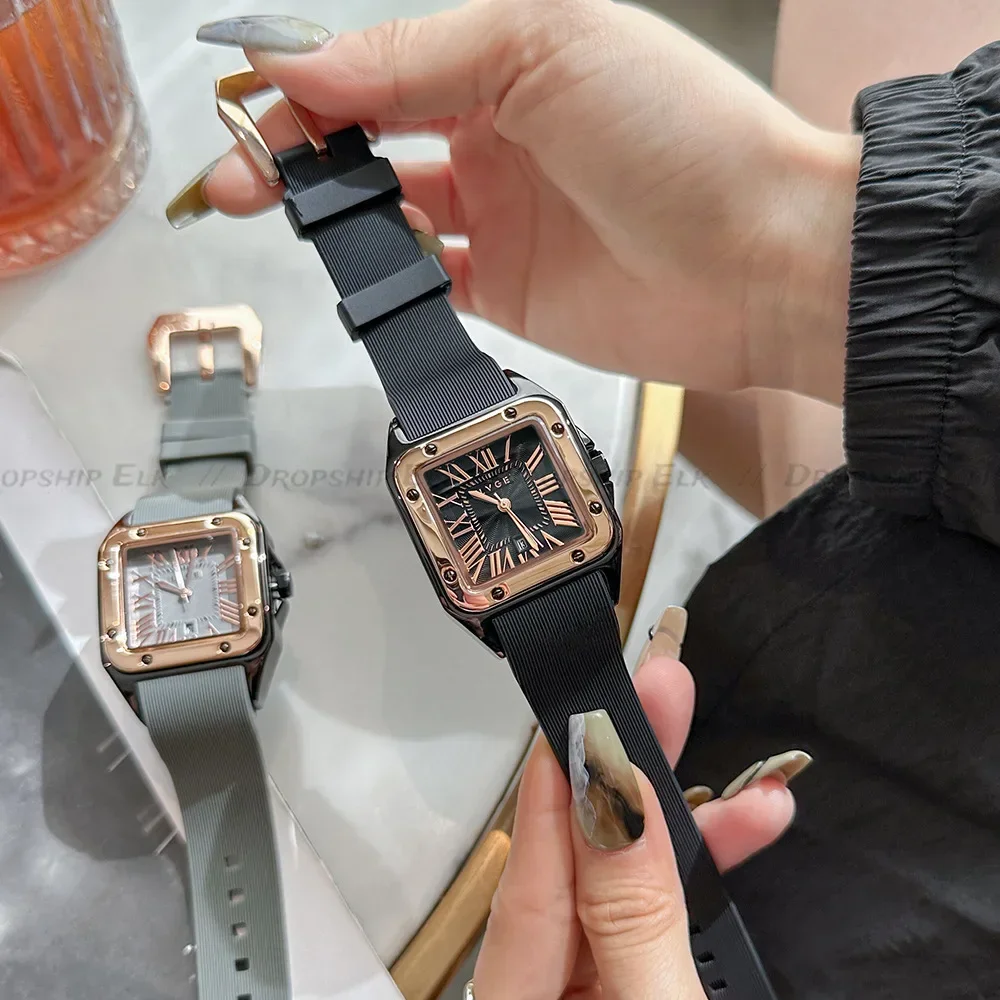 

Модные квадратные женские часы Rebirth, роскошные винтажные женские подарочные часы с римскими цифрами, силиконовый ремешок для часов, подарочные наручные часы