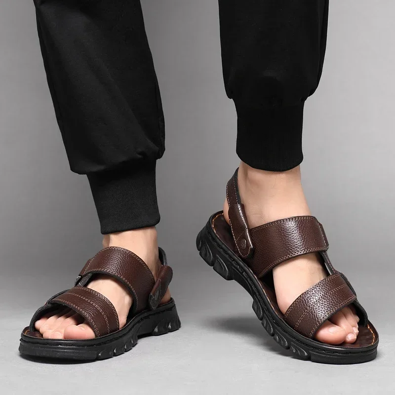 Summer Men\'s Brand Soft and Breathable Men\'s Sandals Black Leather Sandals Men\'s Outdoor Brown Beach Sandals for Men