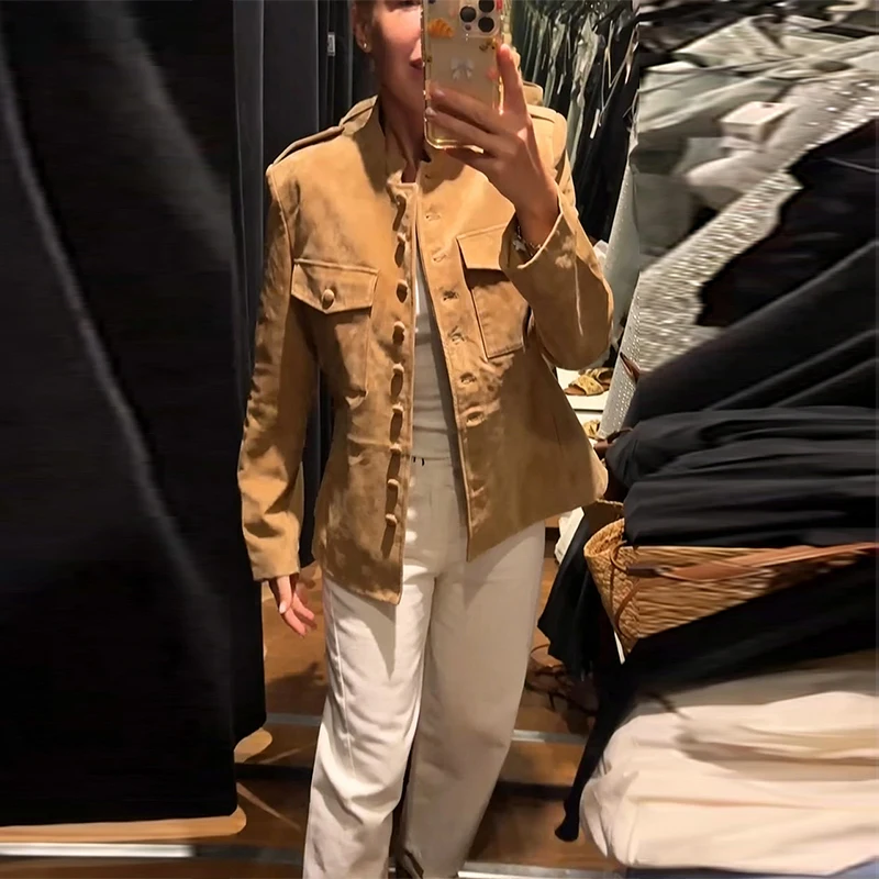 Vintage Damenjacke aus Kunstwildleder mit Stehkragen, einreihig, tailliert, langärmelig, Herbst 2026, Damen-Streetwear-Oberteil, Neu – Detail 4